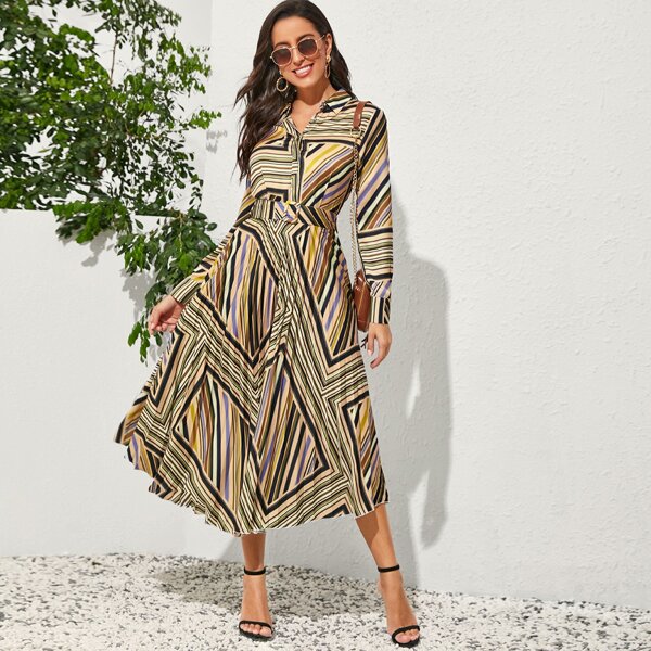 

Multi-stripe Belted Shirt Dress, Multicolor