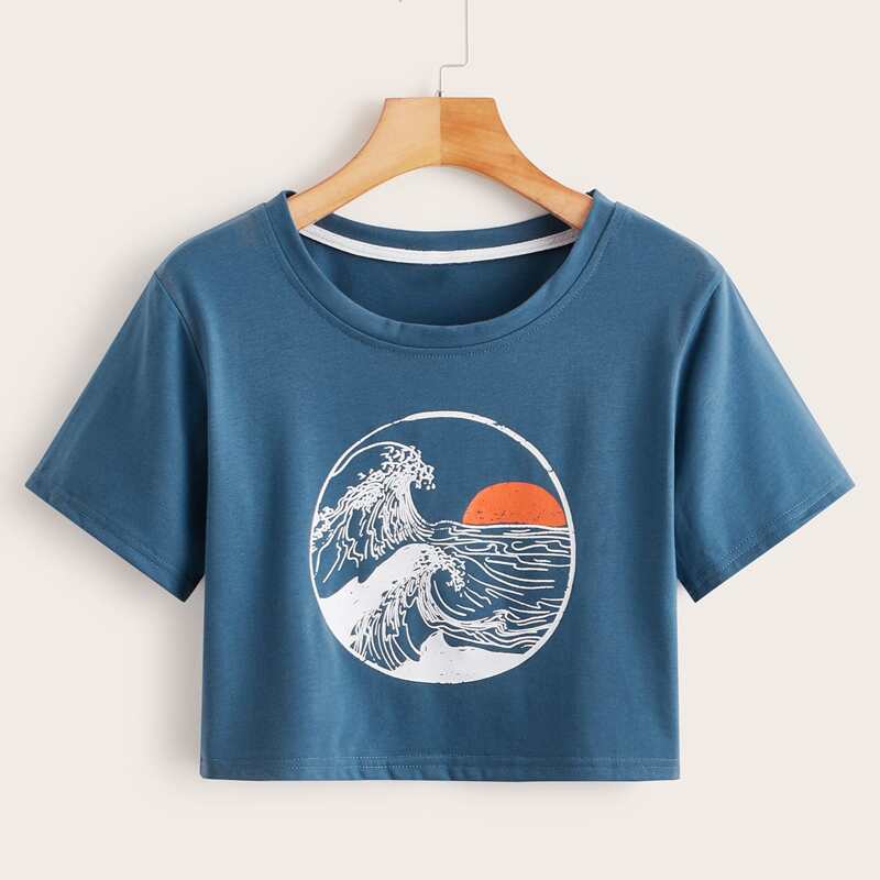 

Wave Graphic Crop Top, Blue