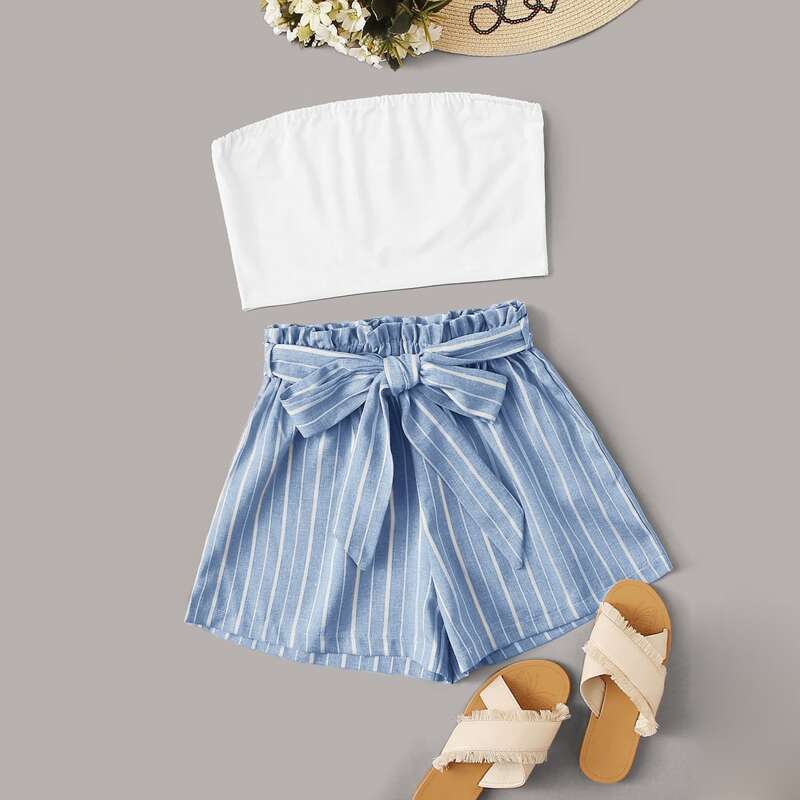 

Tube Top & Striped Paperbag Shorts, Multicolor