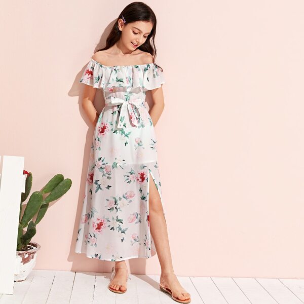 

Girls Floral Print Split Thigh Ruffle Bardot Dress With Belt, Multicolor