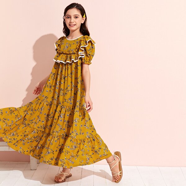 

Girls Puff Sleeve Contrast Binding Ruffle Trim Floral Print Dress, Yellow