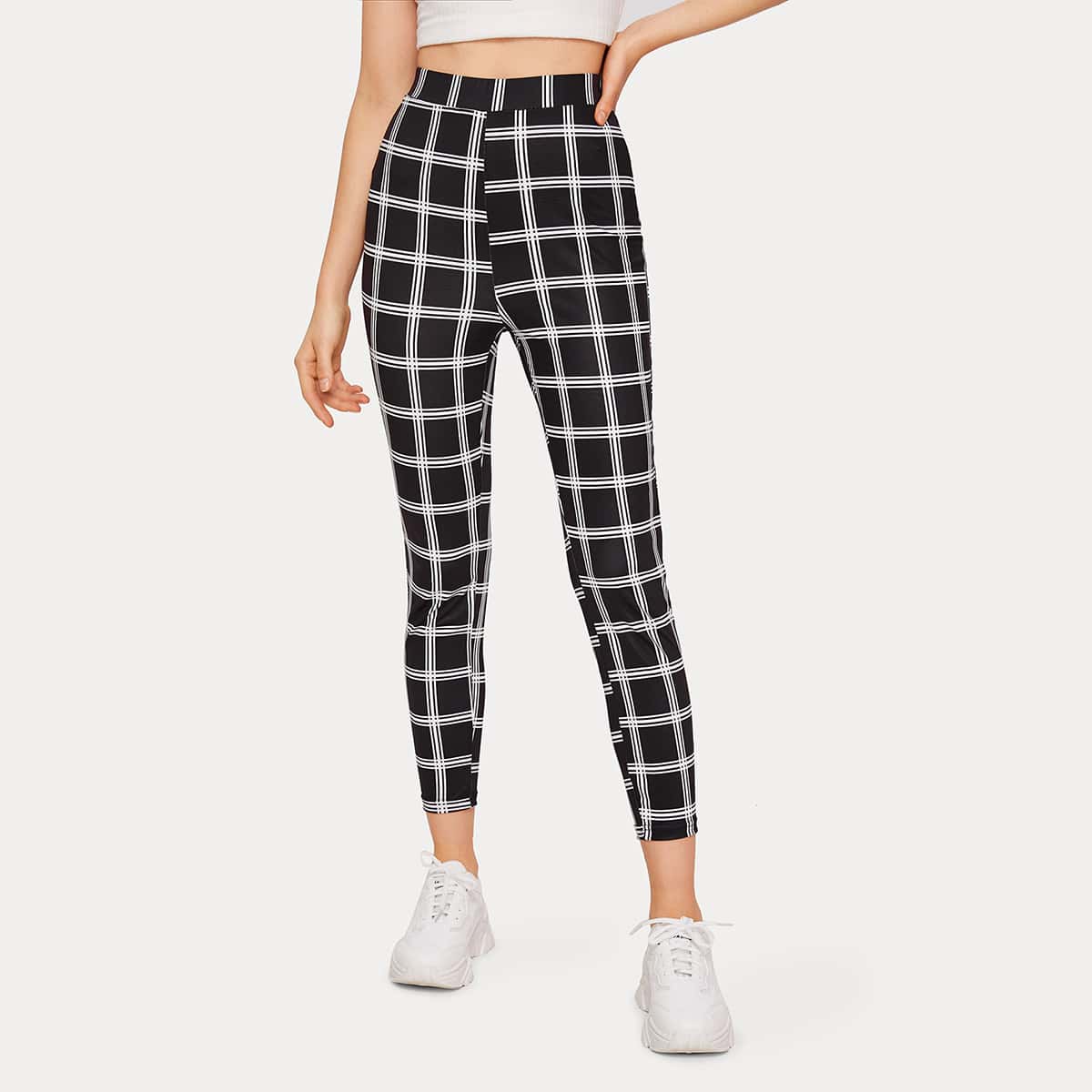 

Plaid Print Cropped Leggings, Black and white