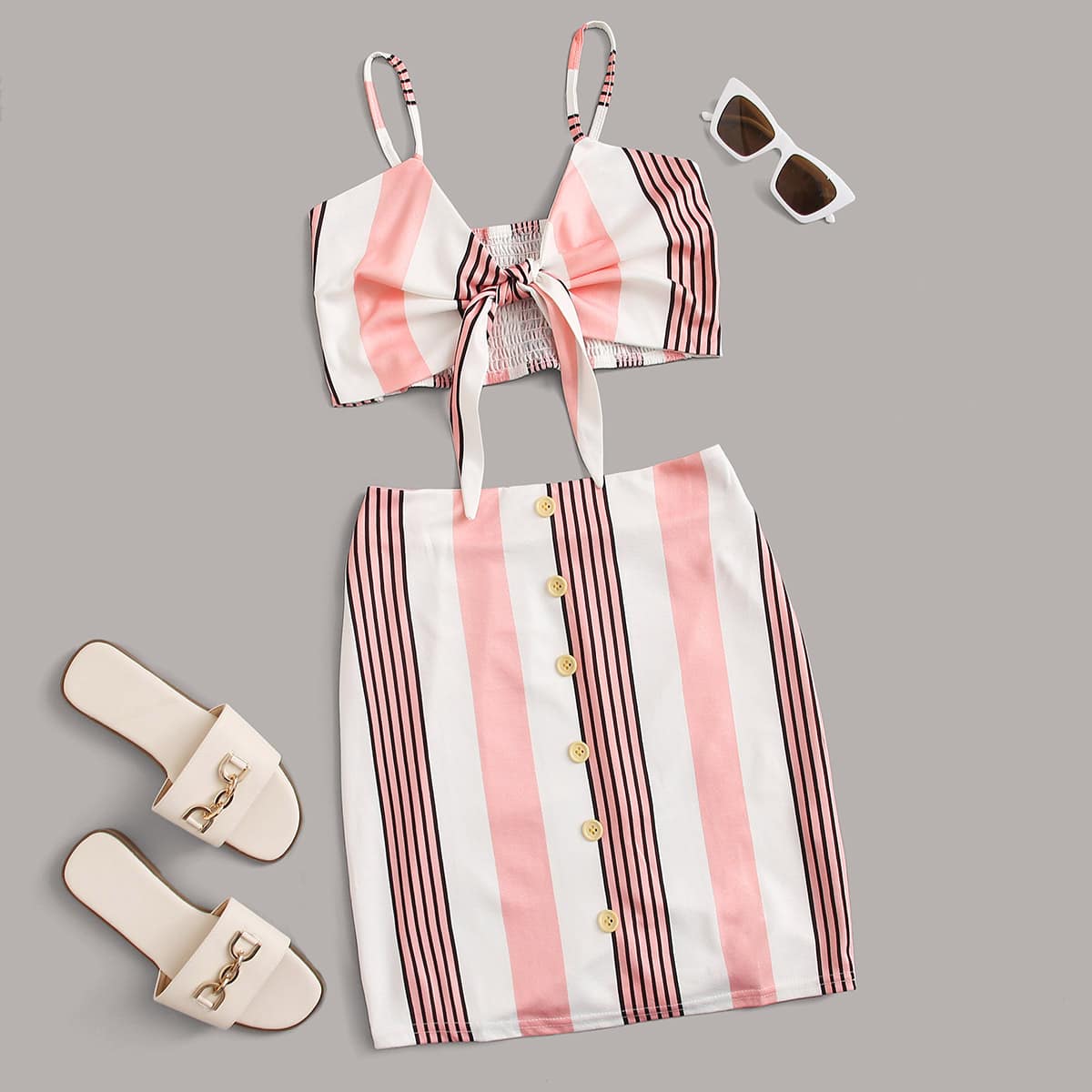 

Striped Tie Front Cami & Skirt, Multicolor