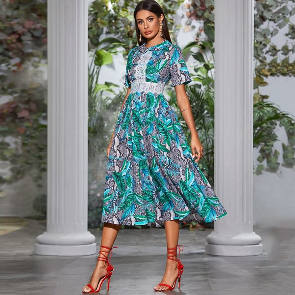 

Snakeskin Tropical Print Lace Panel A-line Dress, Multicolor