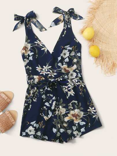 Floral Tie Shoulder Belted Cami Romper