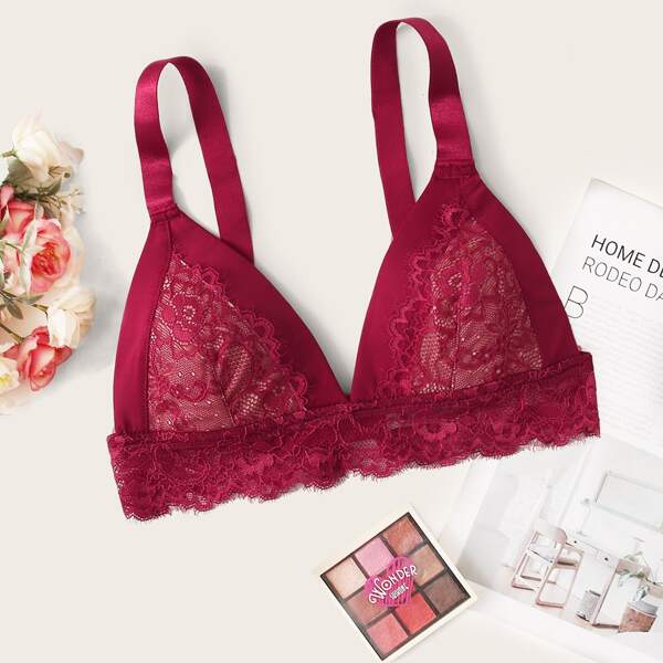 

Floral Lace Triangle Bra, Burgundy