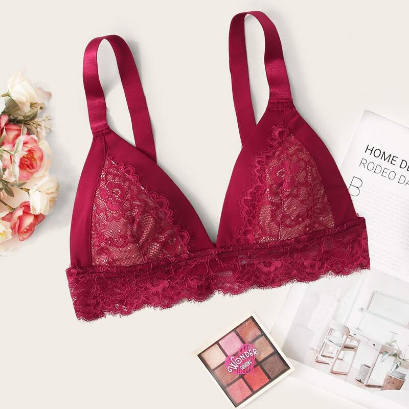 

Floral Lace Triangle Bra, Burgundy