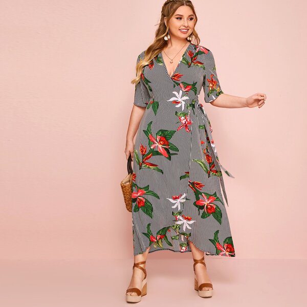 

Plus Floral & Striped Wrap Knot Dress, Multicolor