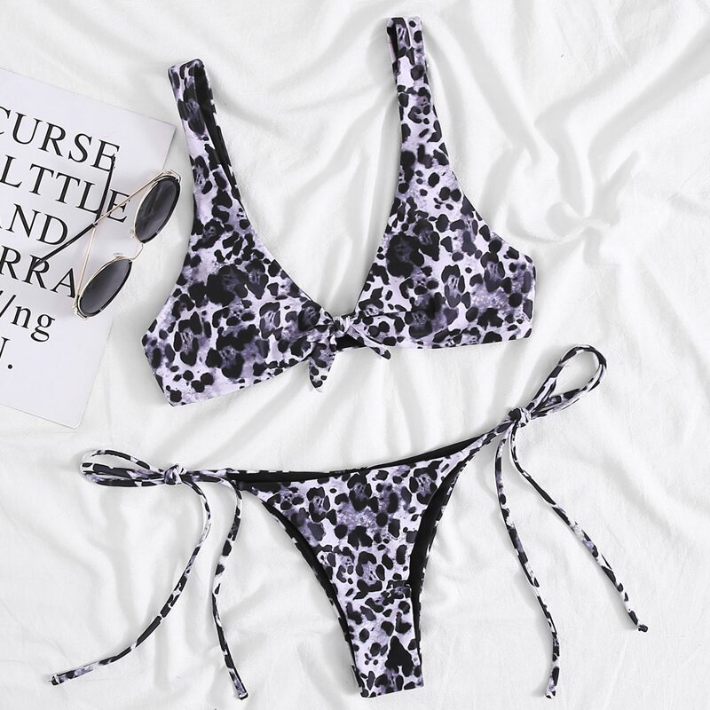

Leopard Knot Front Tie Side Bikini Swimsuit, Multicolor