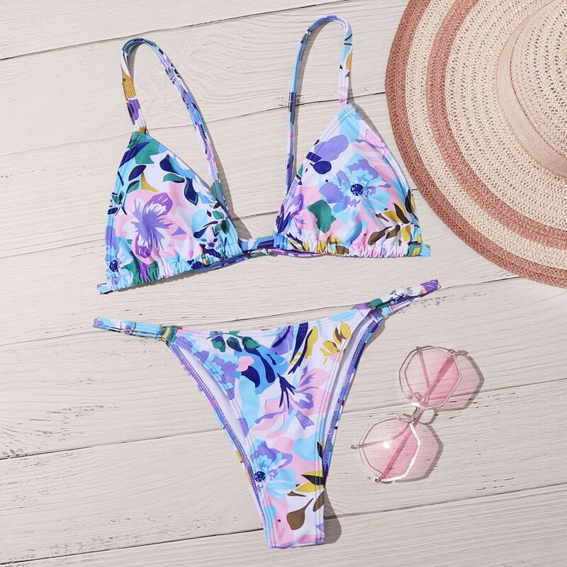 

Floral Triangle Tanga Bikini Swimsuit, Multicolor