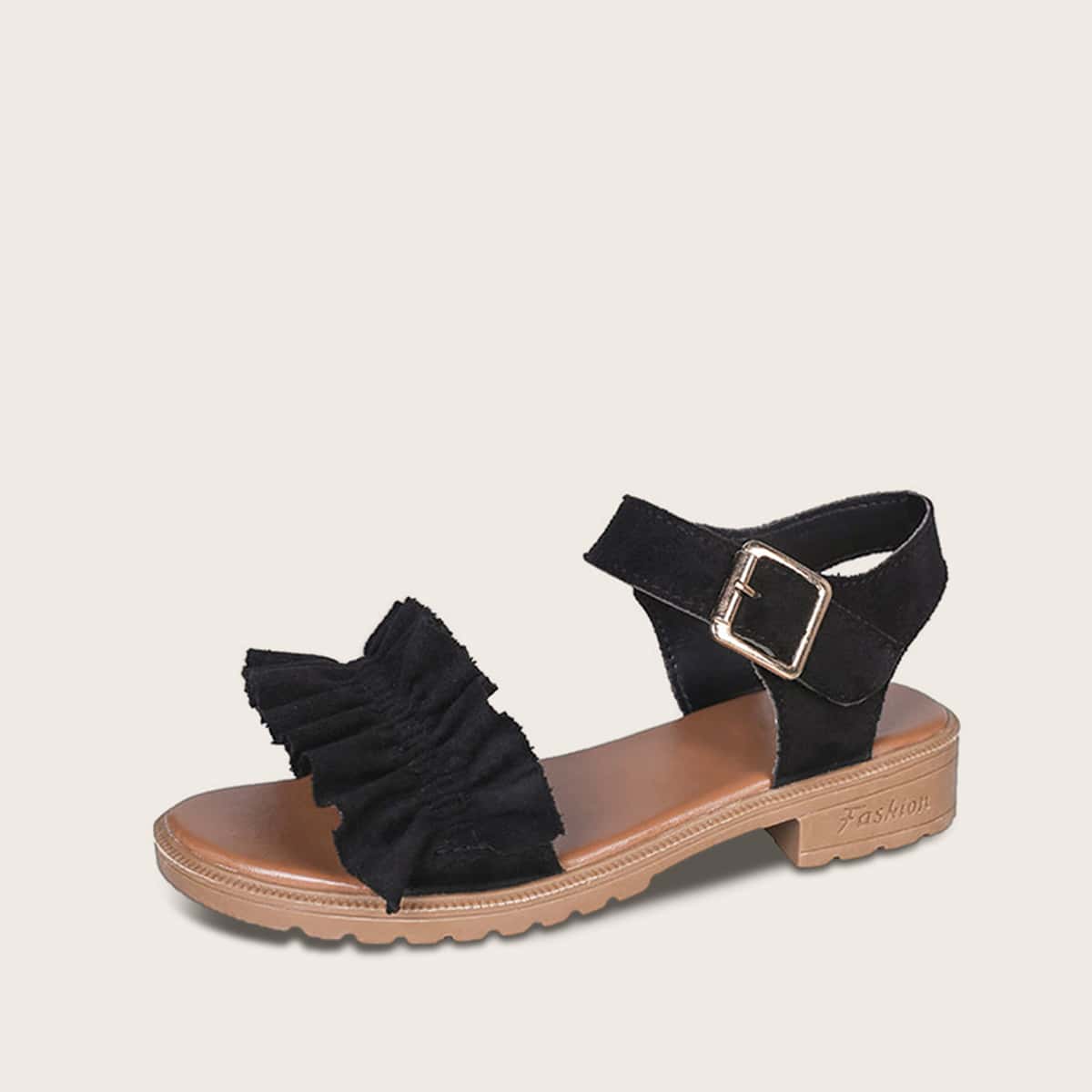 

Ruffle Decor Ankle Strap Sandals, Black
