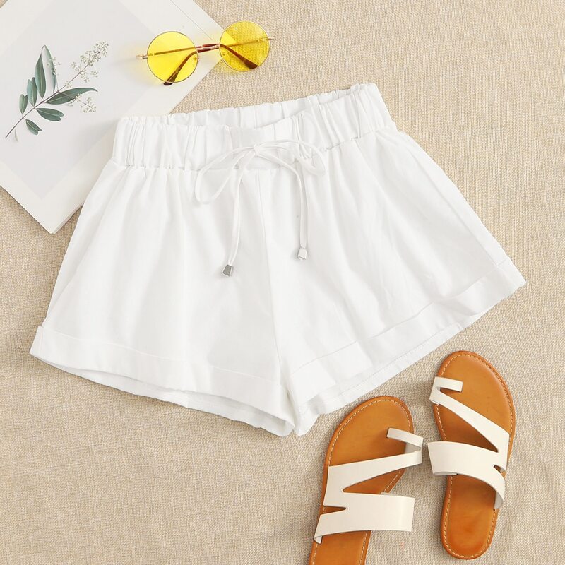 

Rolled Hem Tie Front Shorts, White