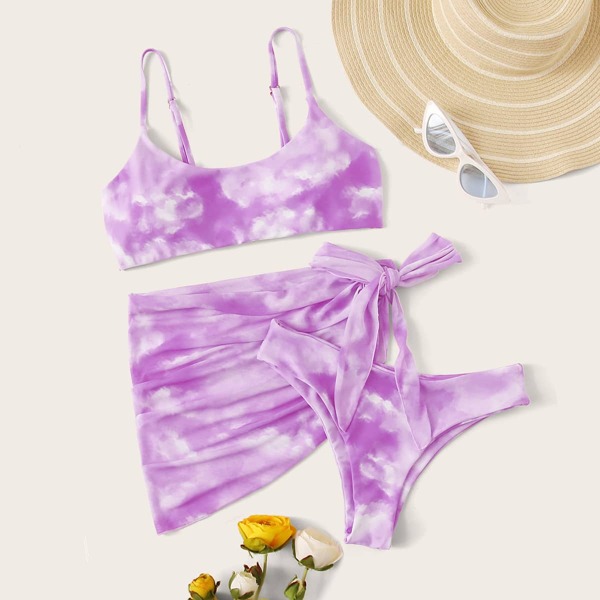 

Tie Dye Bikini Swimsuit With Tie Side Beach Skirt, Purple
