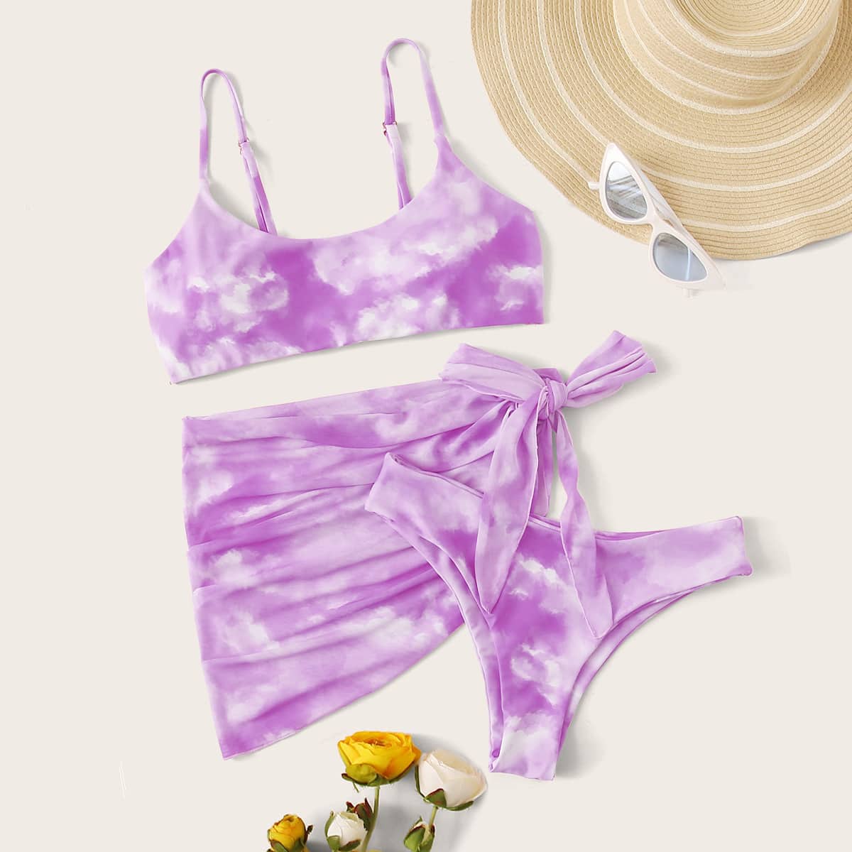

Tie Dye Bikini Swimsuit With Tie Side Beach Skirt, Purple
