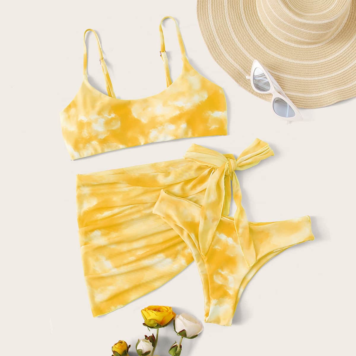 

Tie Dye Bikini Swimsuit With Tie Side Beach Skirt, Yellow