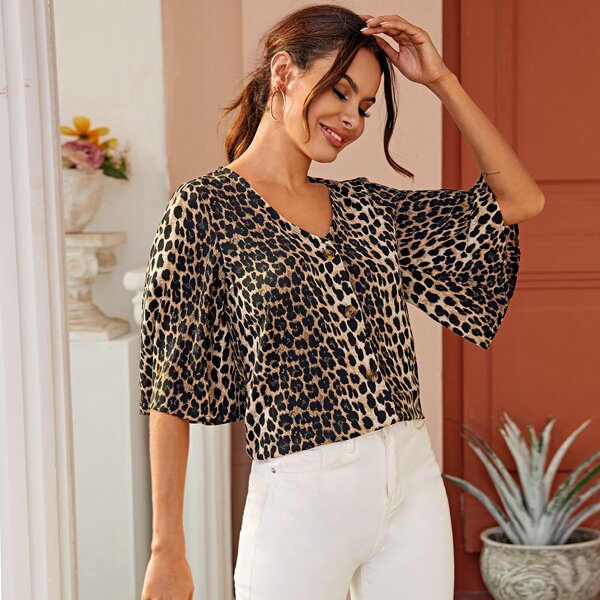 

Leopard Print Button Up V-neck Blouse, Multicolor
