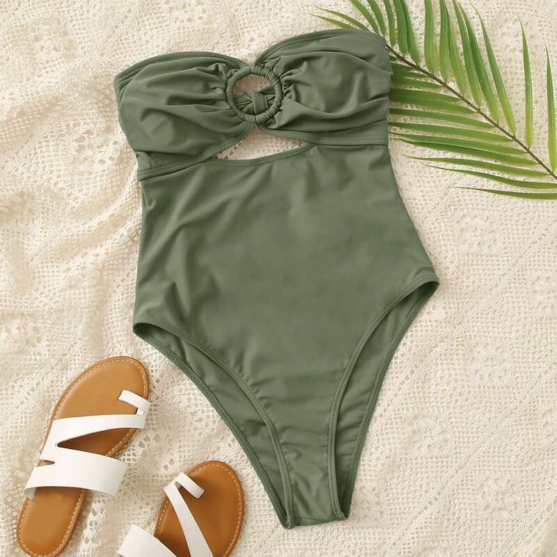 

Ring Linked Bandeau One Piece Swimsuit, Army green