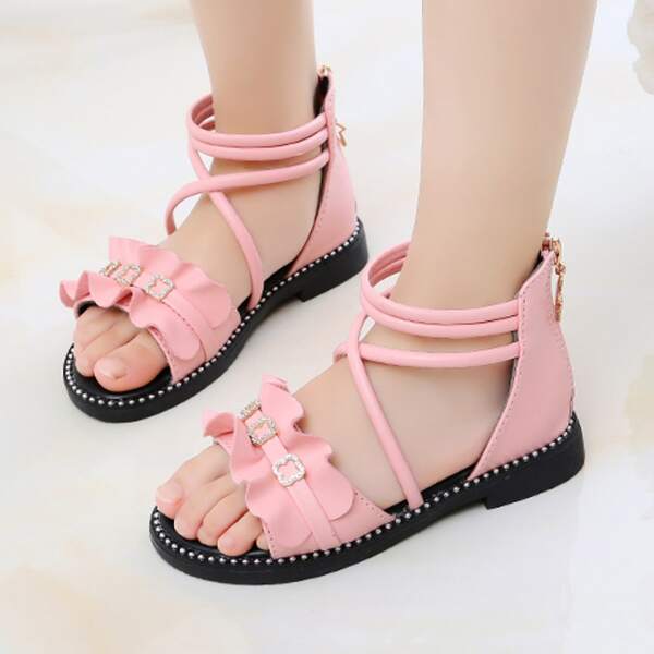 

Сандалии с ремешком, стразами и оборками для девочек, Розовые