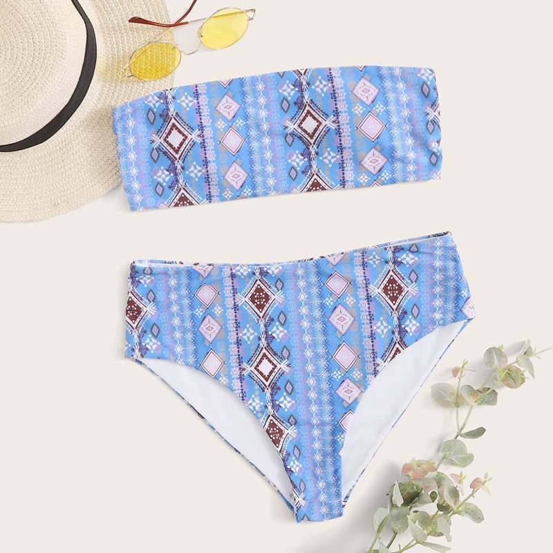 

Tribal Bandeau High Waisted Bikini Swimsuit, Blue