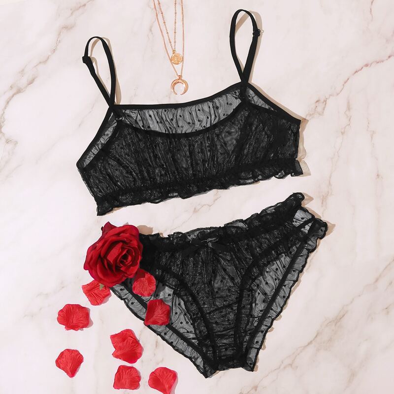 

Dobby Mesh Sheer Lingerie Set, Black