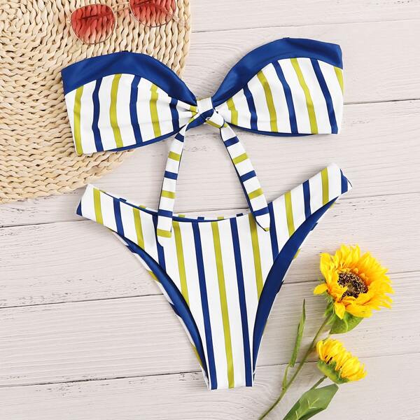 

Striped Knot Front Bandeau Bikini Swimsuit, Multicolor