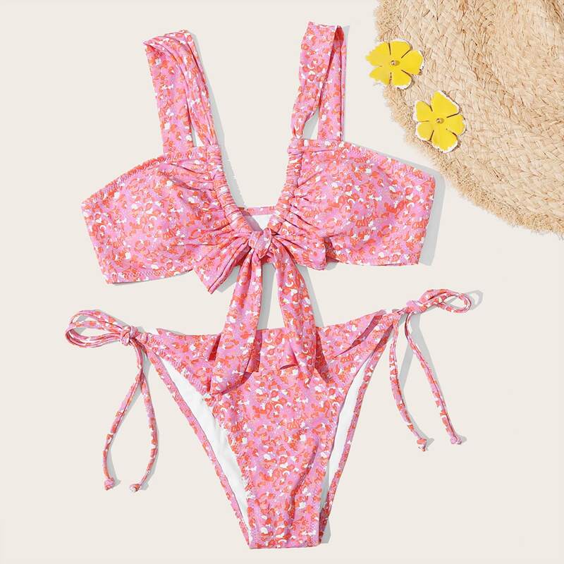 

Allover Graphic Knot Front Tie Side Bikini Swimsuit, Pink
