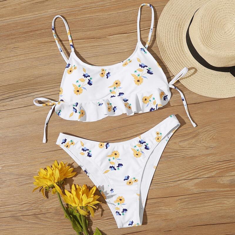 

Floral Ruffle Hem High Leg Bikini Swimsuit, White