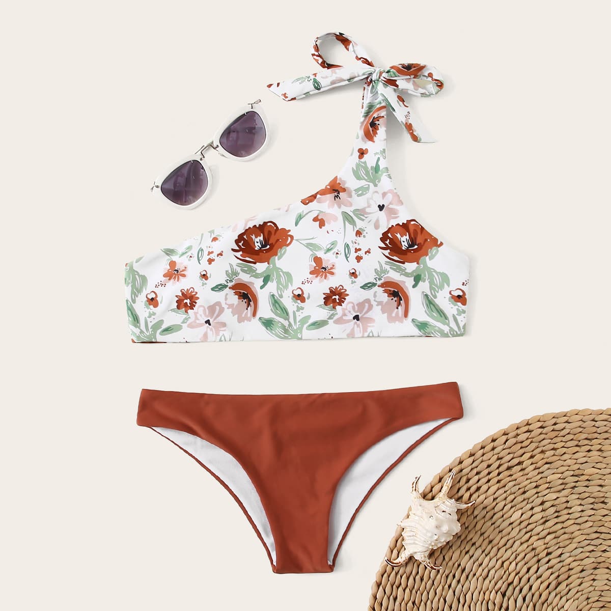 

Floral One Shoulder Low Rise Bikini Swimsuit, Multicolor