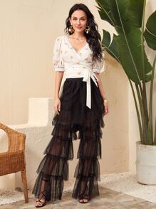 SHEIN Guipure Lace Trim Wrap Tie Front Eyelet Embroidery Top - White - View 3