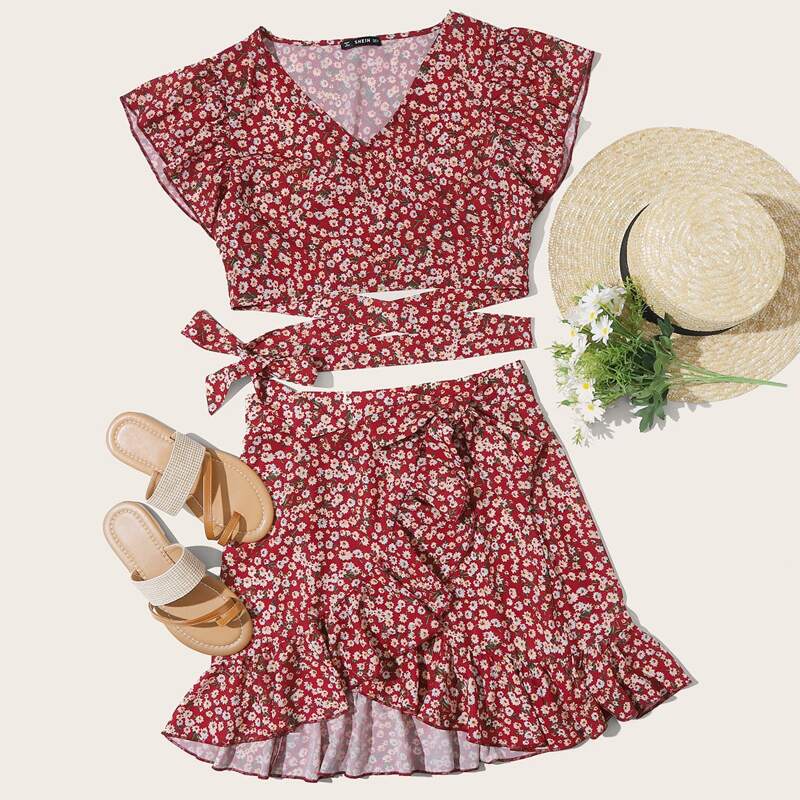 

Crisscross Wrap Tie Front Ditsy Floral Top & Skirt Set, Burgundy
