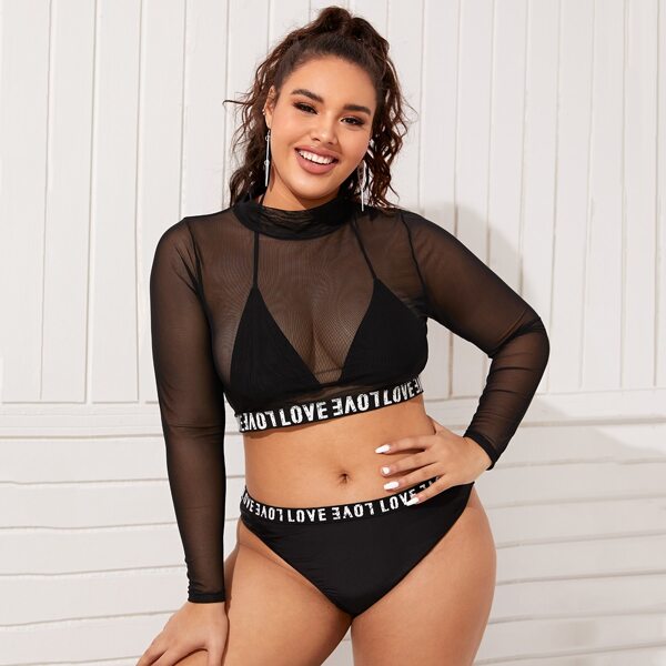 

3pack Plus Letter Tape Mesh Co-ord Bikini Swimsuit, Black