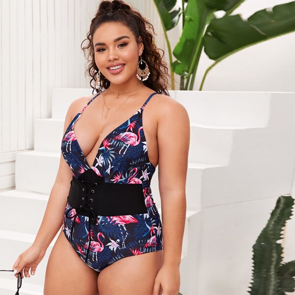 

Слитный купальник размера плюс со смешанным принтом, Многоцветный