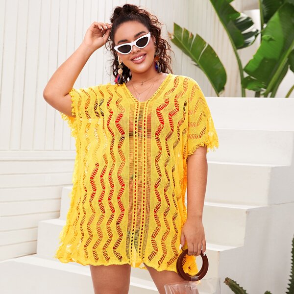 

Plus Crochet Open Stitch Cover Up, Yellow