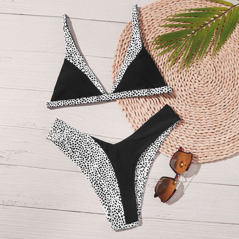 

Contrast Dalmatian Triangle High Cut Bikini Swimsuit, Multicolor