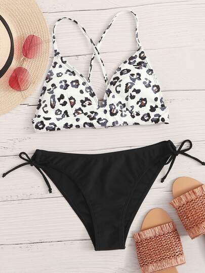 Leopard Crisscross Triangle Tie Side Bikini Swimsuit