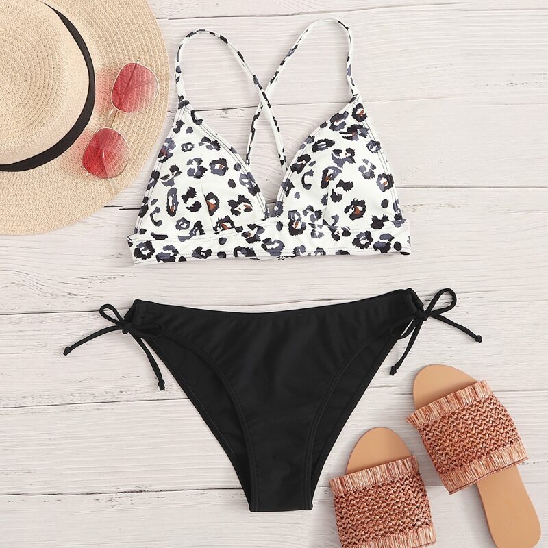 

Leopard Crisscross Triangle Tie Side Bikini Swimsuit, Multicolor