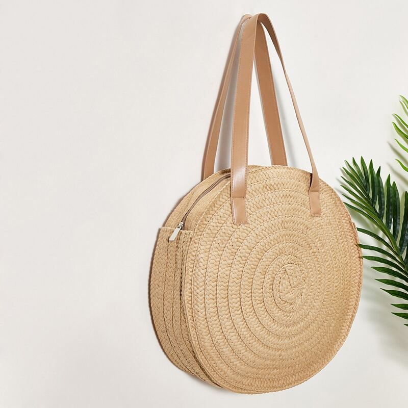 

Round Woven Tote Bag, Khaki