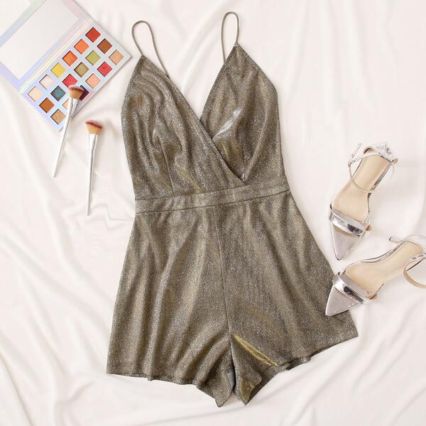 

Surplice Neck Glitter Cami Romper, Gold
