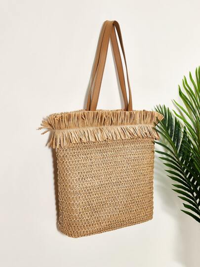 Tassel Trim Woven Raffia Tote Bag