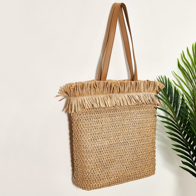 

Tassel Trim Woven Raffia Tote Bag, Khaki