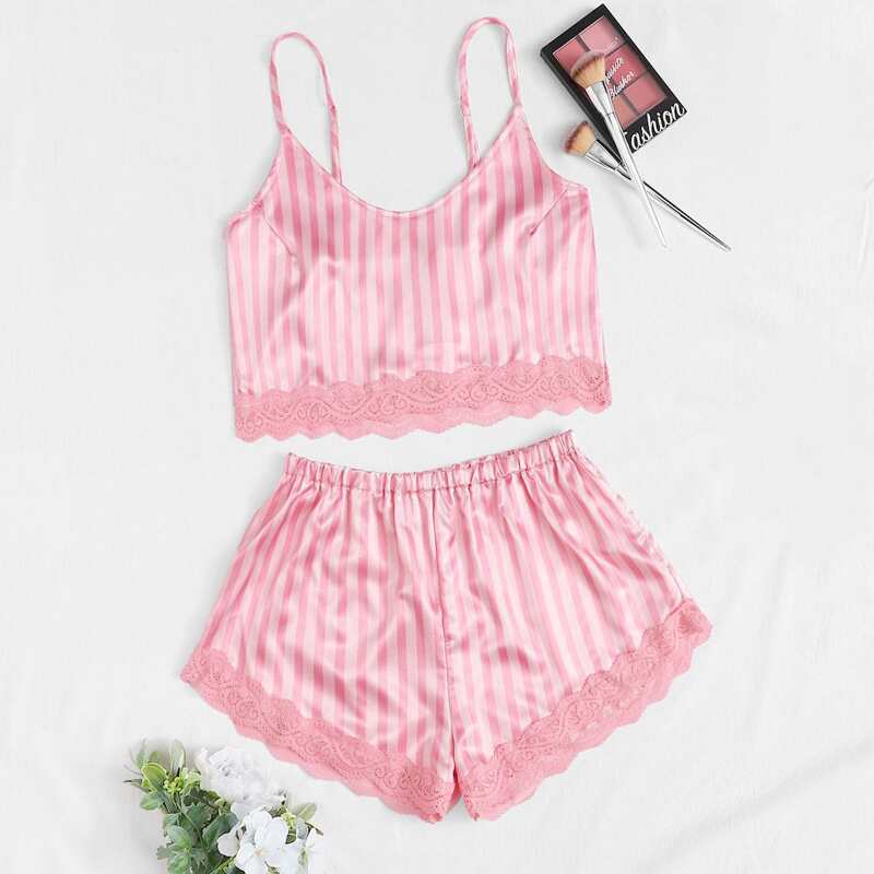 

Striped Lace Trim Satin Cami With Shorts, Pink