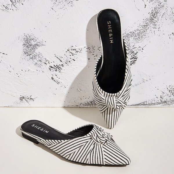

Bow Decor Chain Graphic Flat Mules, Black and white