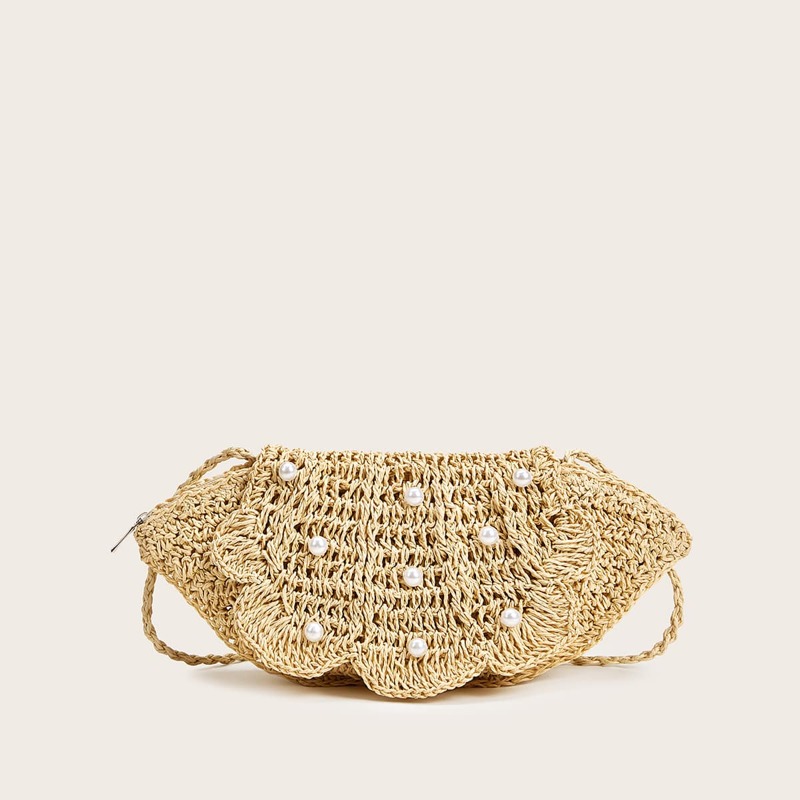 

Faux Pearl Decor Woven Raffia Crossbody Bag, Khaki