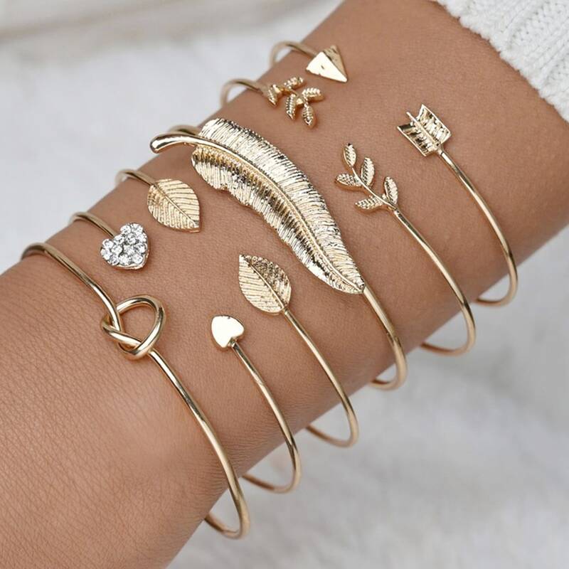 

6pcs Leaf & Heart Decor Cuff Bangle, Gold
