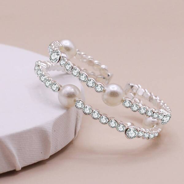 

1pc Faux Pearl & Rhinestone Engraved Cuff Bracelet, Silver