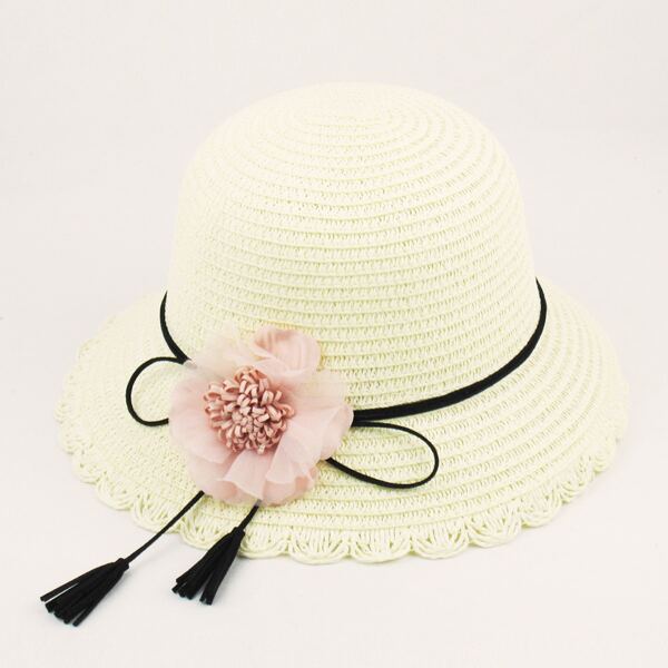 

Girls Flower Decor Straw Hat, Beige