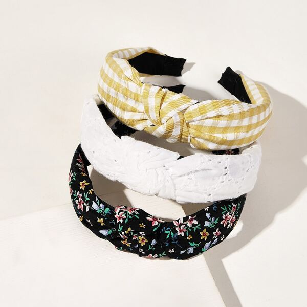 

3pcs Ditsy Floral & Plaid Pattern Hair Hoop, Multicolor