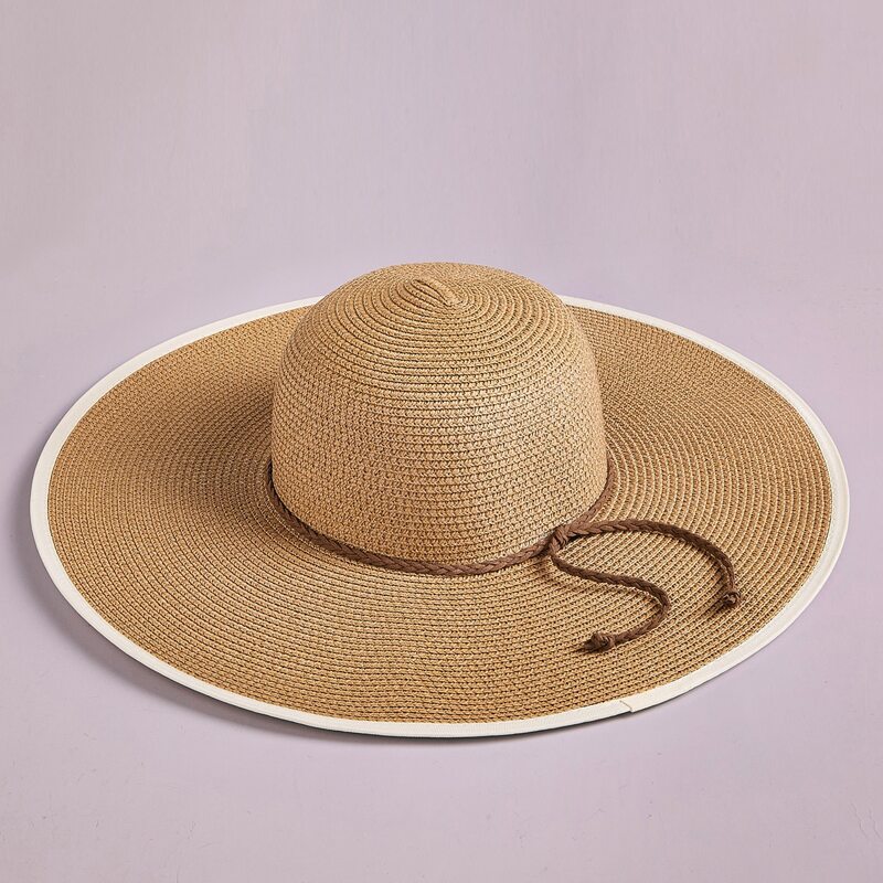 

Rope Decor Contrast Trim Straw Hat, Khaki