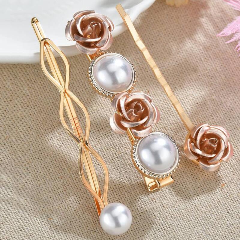 

3pcs Faux Pearl & Flower Decor Hair Clip, Multicolor