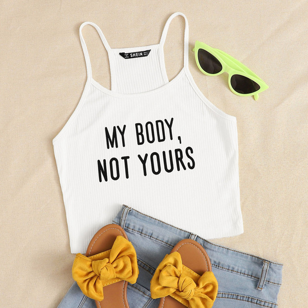 

Slogan Graphic Rib-knit Halter Top, White